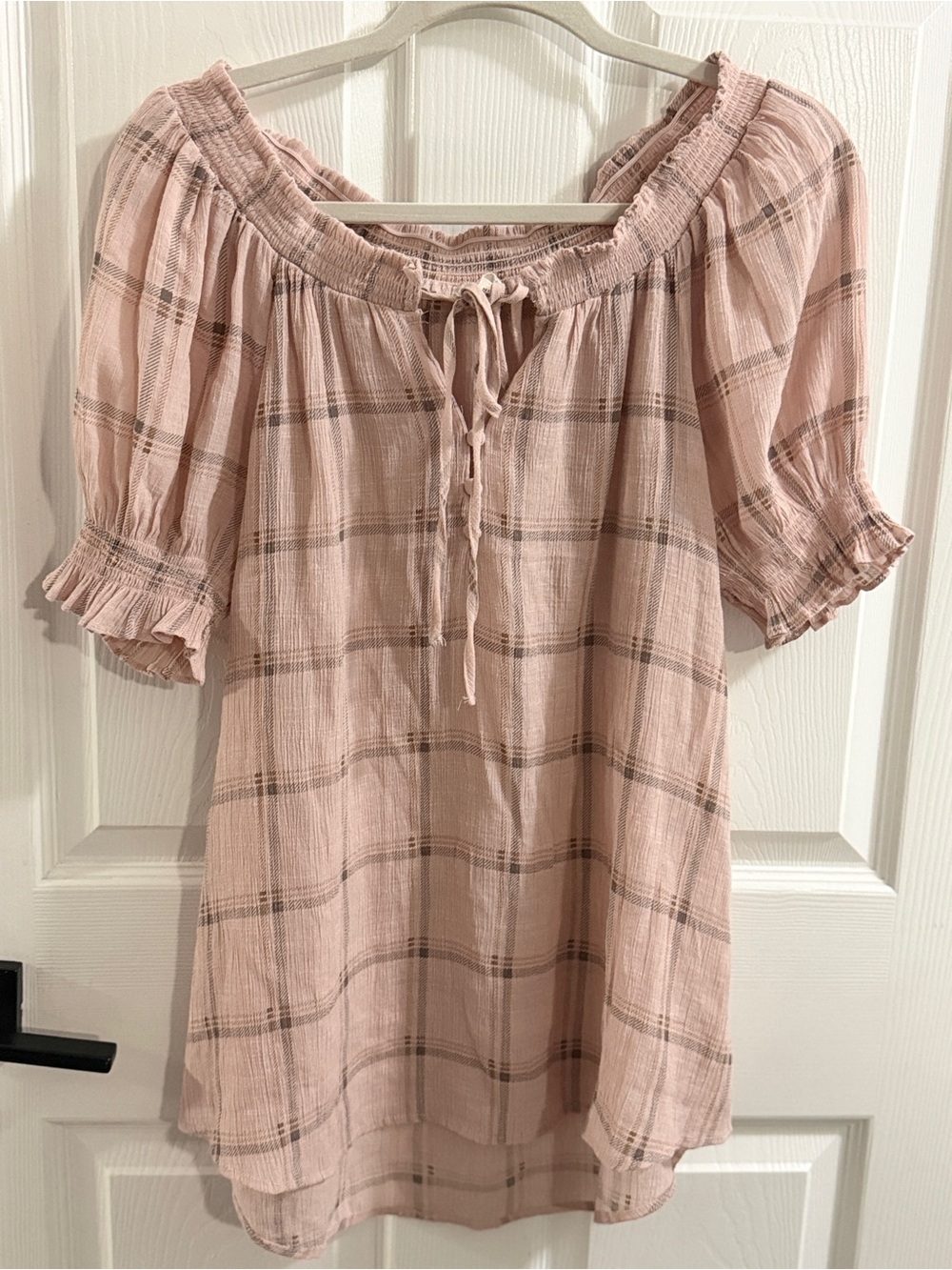 Perch by Blu Pepper Top 2XL Blush Plaid Gauze Smocked Tie Neck Puff Sleeve